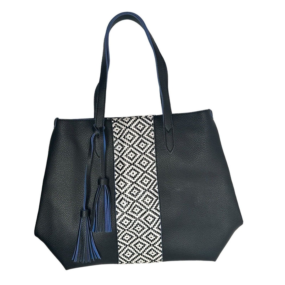 Expressions NYC Vegan Pebbled Leather Black White Blue Woven Insert Purse Tote